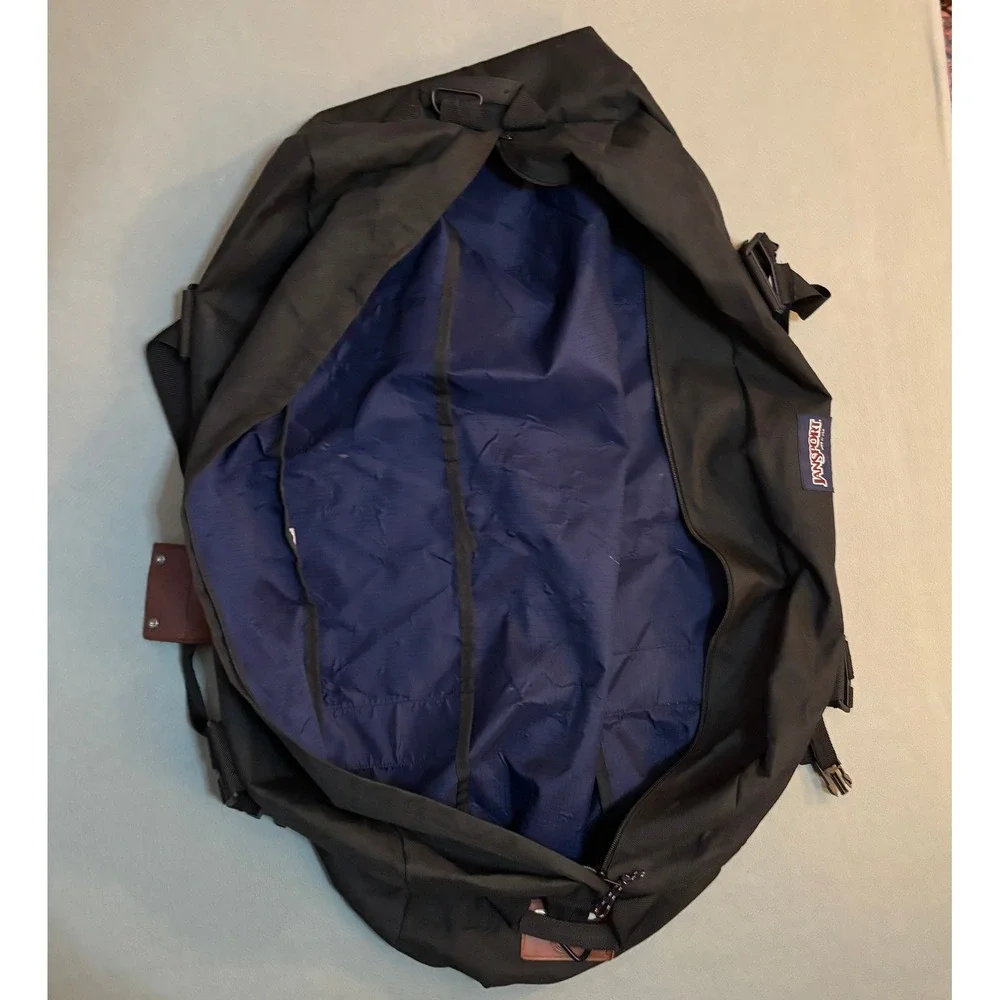 VTG Rare JanSport Duffel Bag Made in USA Black Nylon Leather Trim Travel Gym 34